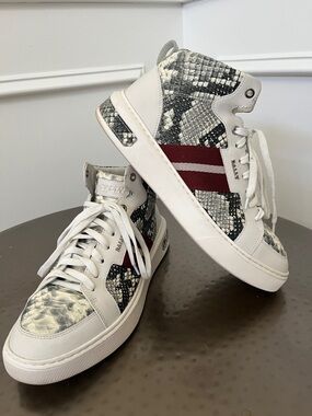 Bally Myles White and Black Snakeskin High-Top Sneakers with Red Stripe